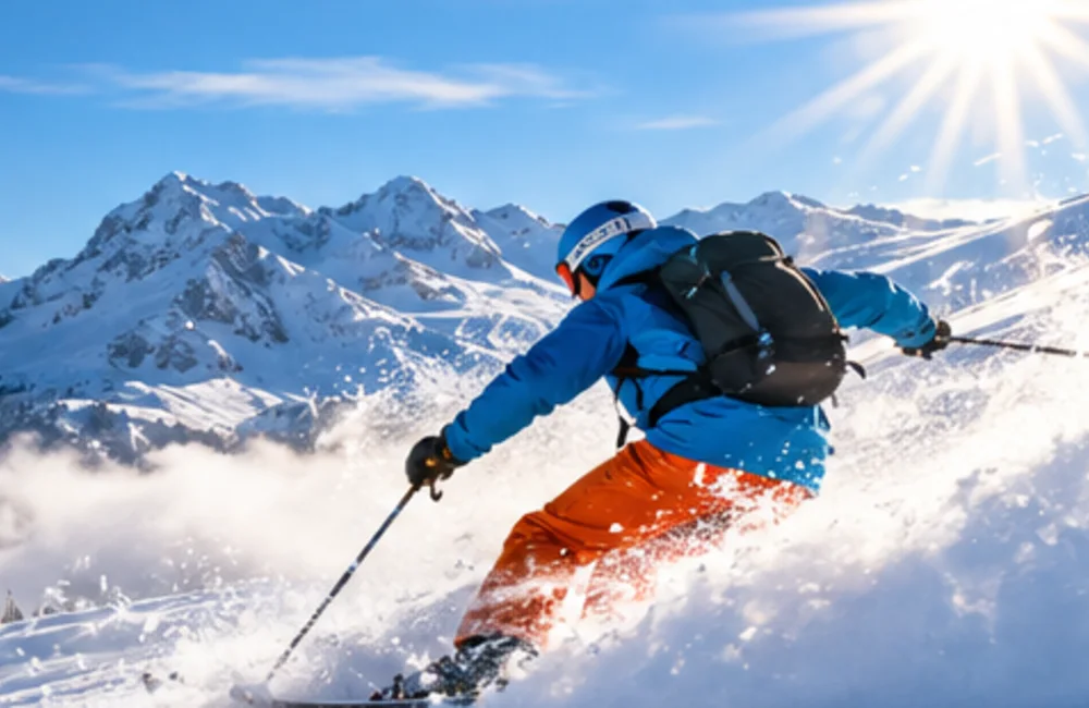 Skifahrer im Tiefschnee – redaktionelle SKIFIEBER KI-Illustration